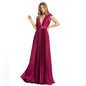 Mac Duggal 26285 NWT PLEATED PLUNGE NECK BELTED SATIN GOWN